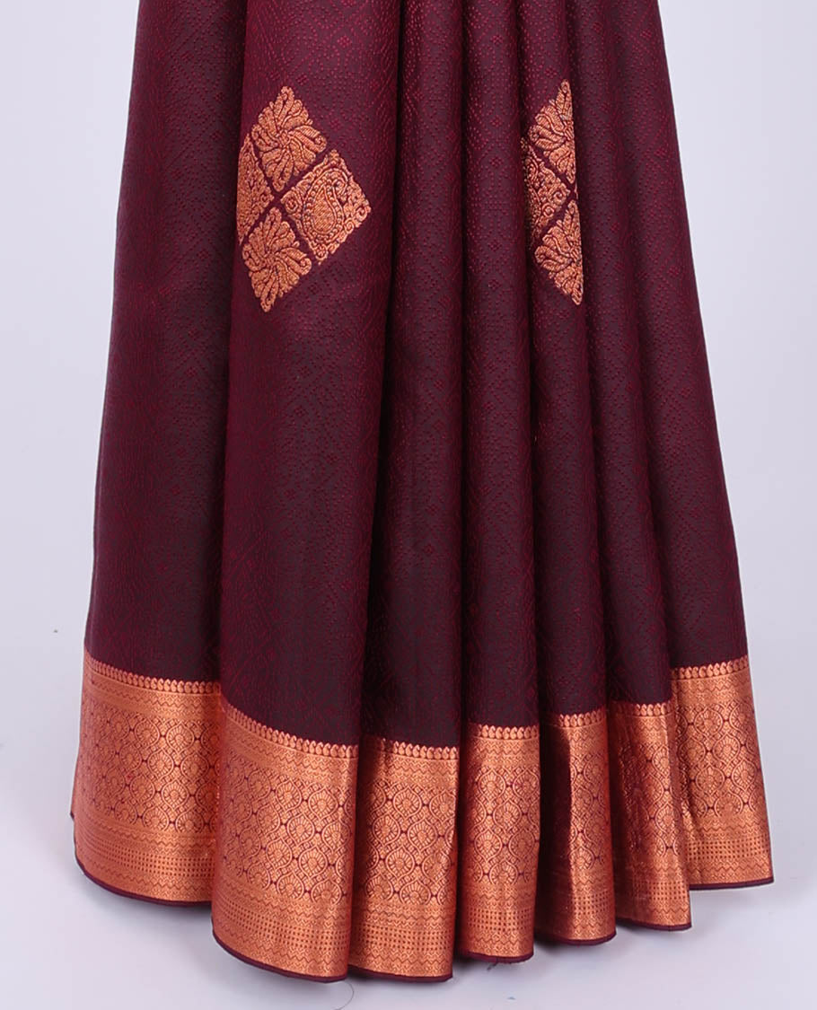 Maroon embossed Bangalore silk saree with zari buttas, traditional zari border & pallu of intricate designs