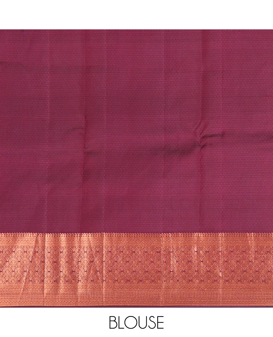 Maroon embossed Bangalore silk saree with zari buttas, traditional zari border & pallu of intricate designs