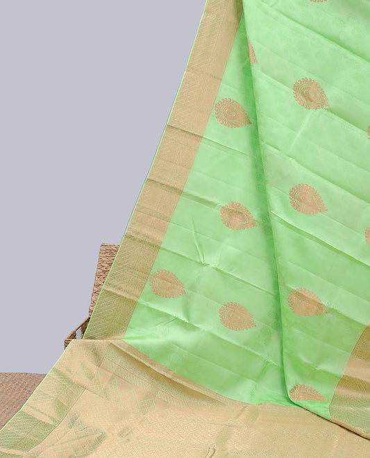 Green embossed bangalore silk saree with zari buttas, traditional zari border & pallu of jaal designs