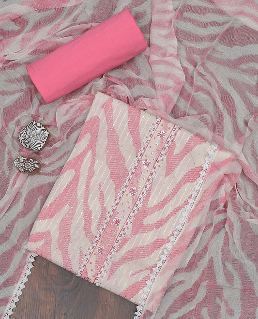 Cream material chudidhar set, unique print & sequins embroidered top, plain bottom & unique printed dupatta