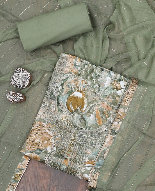 Green material chudidhar set, floral print & embroidered top, plain bottom & striped dupatta