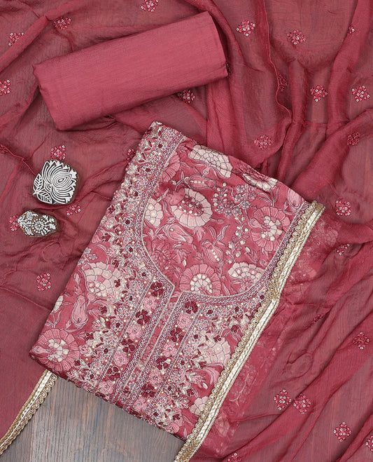 Red material chudidhar set, floral print & embroidered top, plain bottom & sequins embroidered dupatta