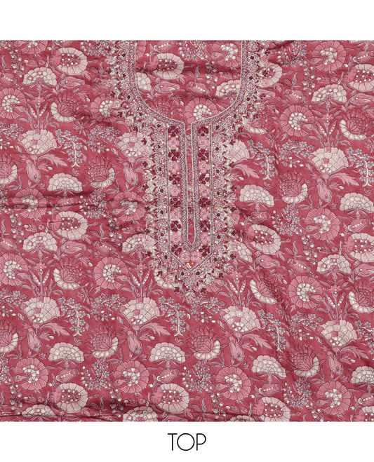 Red material chudidhar set, floral print & embroidered top, plain bottom & sequins embroidered dupatta