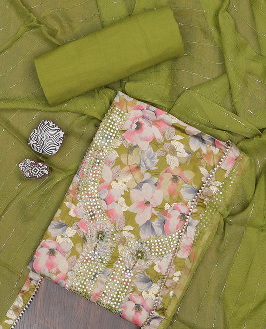 Green material chudidhar set, floral printed & embroidered top, plain bottom & striped dupatta