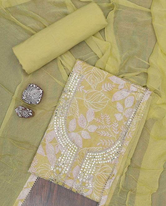 Green material chudidhar set, floral vine print & embroidery top, plain bottom & solid dupatta