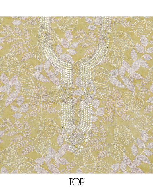 Green material chudidhar set, floral vine print & embroidery top, plain bottom & solid dupatta