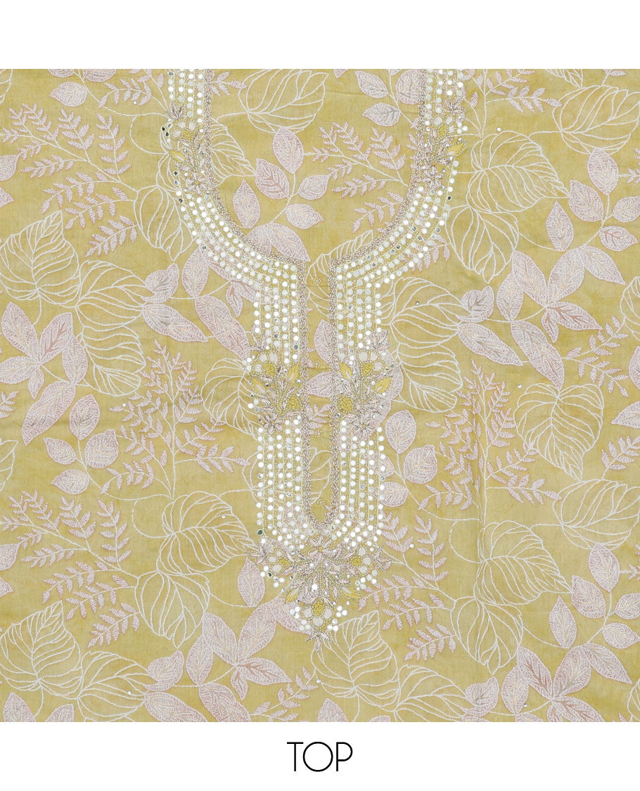 Green material chudidhar set, floral vine print & embroidery top, plain bottom & solid dupatta