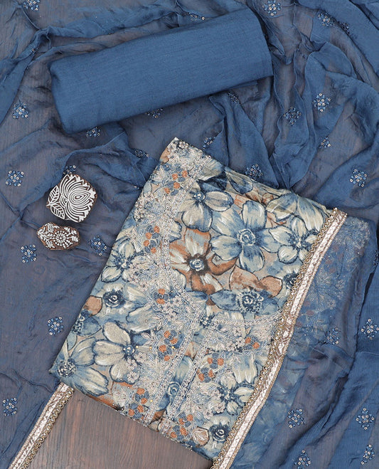 Blue material chudidhar set, floral printed & embroidery top, plain bottom & sequins embroidered dupatta
