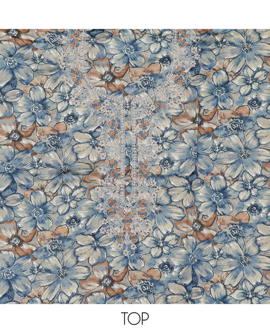 Blue material chudidhar set, floral printed & embroidery top, plain bottom & sequins embroidered dupatta