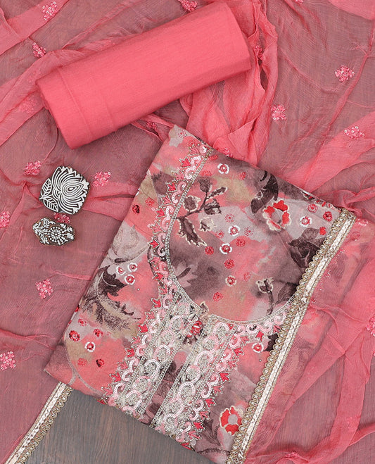 Multi-color material chudidhar set, floral printed & embroidery top, plain bottom & sequins embroidered dupatta