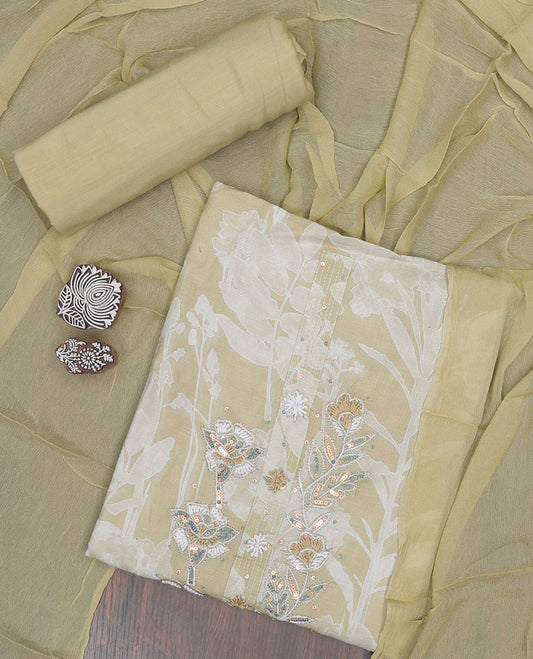 Green material chudidhar set, floral vine print & embroidery top, plain bottom & dupatta