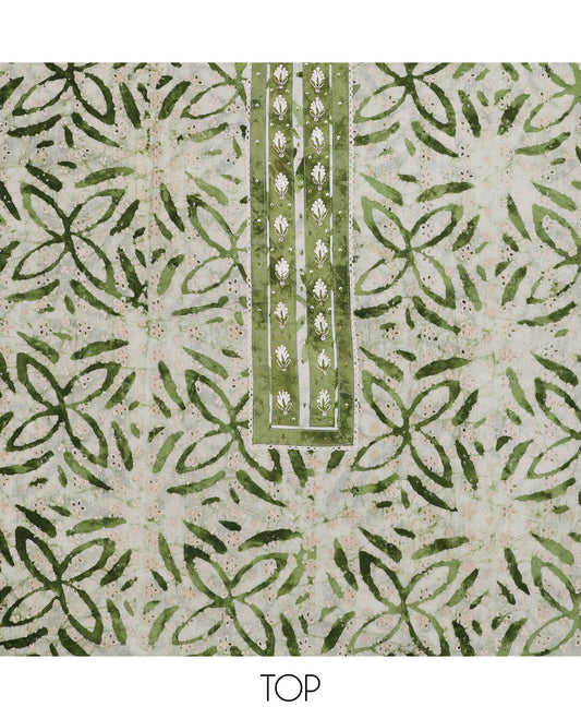 Green material chudidhar set, batik-style print & neckwork top, batik-style print bottom & dupatta