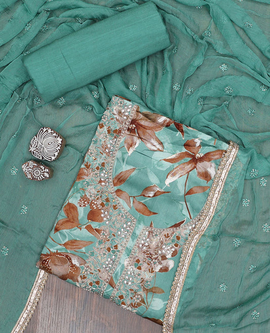 Blue material chudidhar set, floral print & embroidery top, plain bottom & sequins embroidered dupatta