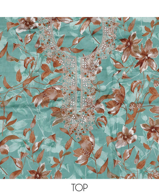 Blue material chudidhar set, floral print & embroidery top, plain bottom & sequins embroidered dupatta