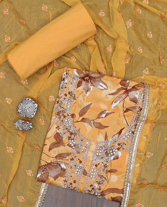 Orange material chudidhar set, floral print & embroidery top, plain bottom & sequins embroidered  dupatta