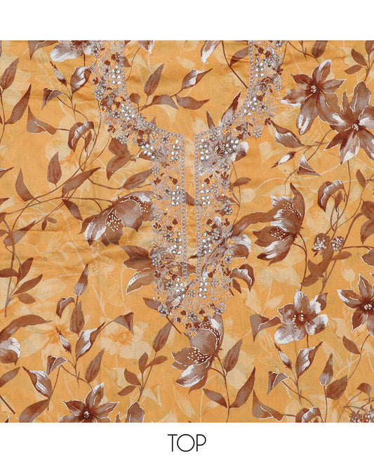 Orange material chudidhar set, floral print & embroidery top, plain bottom & sequins embroidered  dupatta