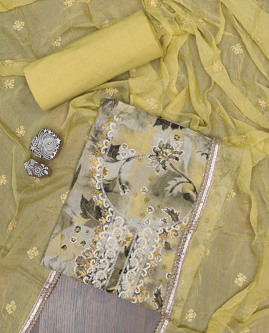 Multi-color material chudidhar set, floral print & embroidery top, plain bottom & sequins embroidered  dupatta