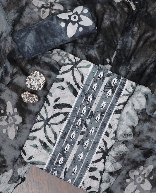 Grey material chudidhar set, batik-style print & neckwork top, batik-style print bottom & dupatta