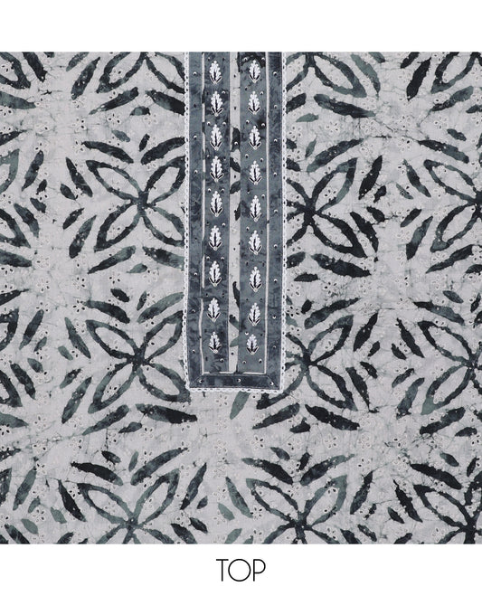 Grey material chudidhar set, batik-style print & neckwork top, batik-style print bottom & dupatta