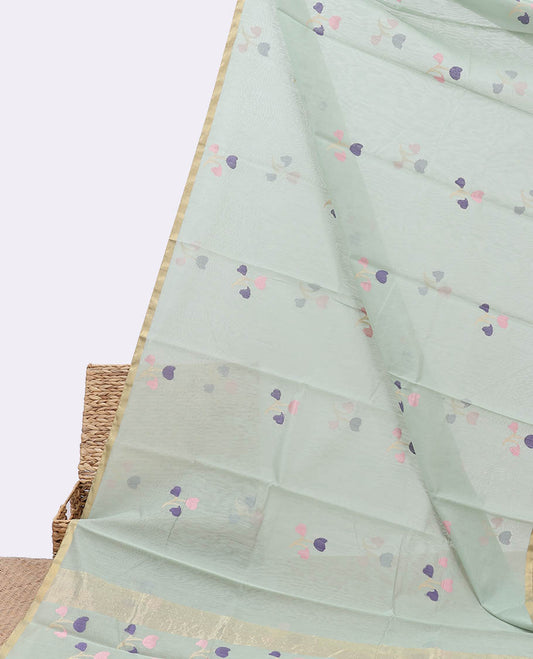 Pale green chanderi cotton saree with floral buttas, self-border & colorful floral design pallu