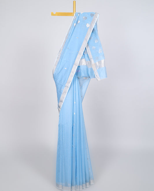 Blue chanderi cotton saree with buttas, self-border & pallu of leaf designs