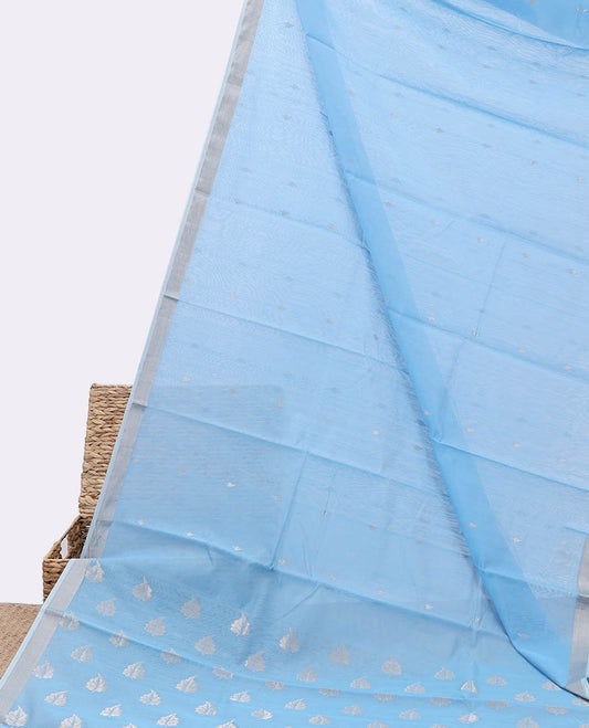 Blue chanderi cotton saree with buttas, self-border & pallu of leaf designs