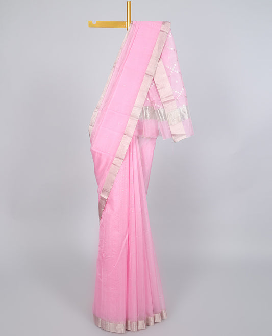 Pink chanderi cotton saree with all-over buttas, self-border & pallu of jaal designs
