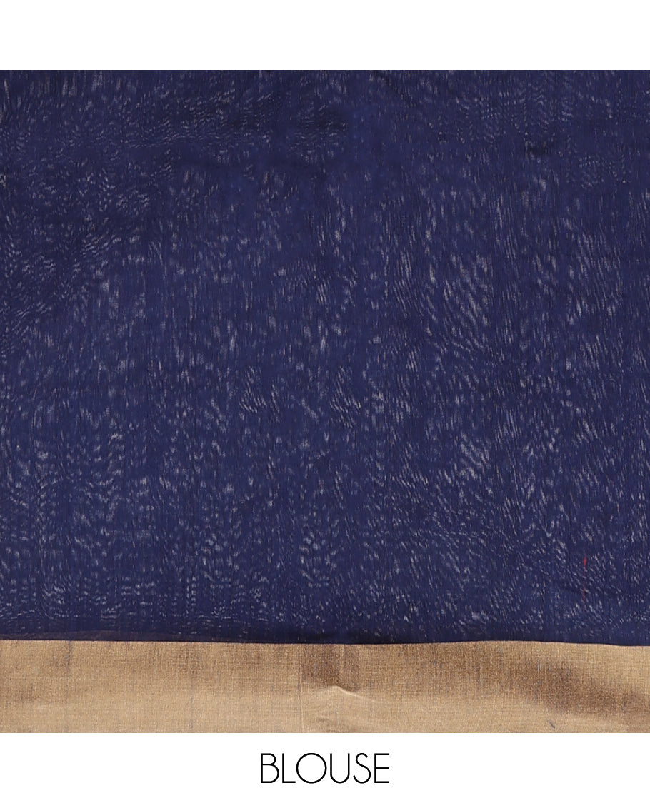 Blue chanderi cotton saree with all-over buttas, plain border & pallu of stripes