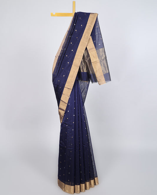 Blue chanderi cotton saree with all-over buttas, plain border & pallu of stripes