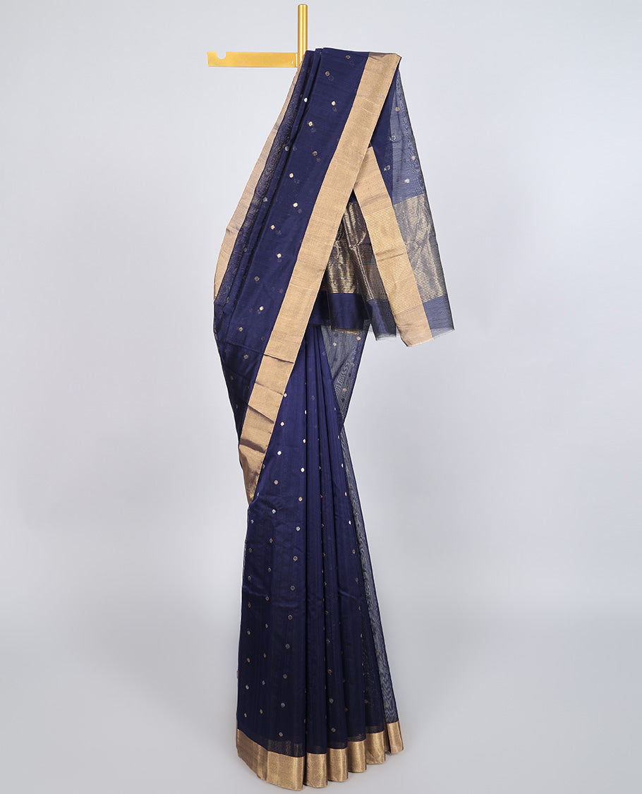 Blue chanderi cotton saree with all-over buttas, plain border & pallu of stripes