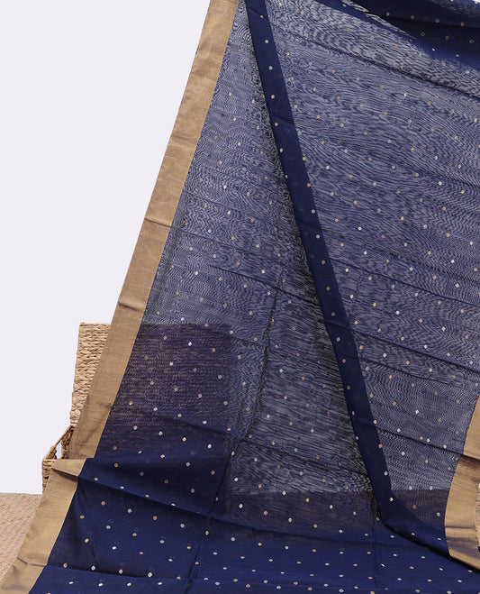Blue chanderi cotton saree with all-over buttas, plain border & pallu of stripes
