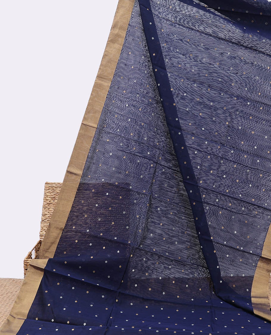 Blue chanderi cotton saree with all-over buttas, plain border & pallu of stripes