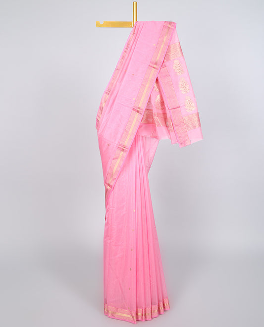 Pink chanderi cotton saree with all-over buttas, traditional design border & pallu of floral designs