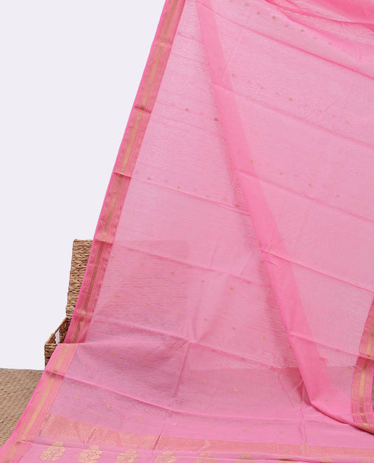 Pink chanderi cotton saree with all-over buttas, traditional design border & pallu of floral designs