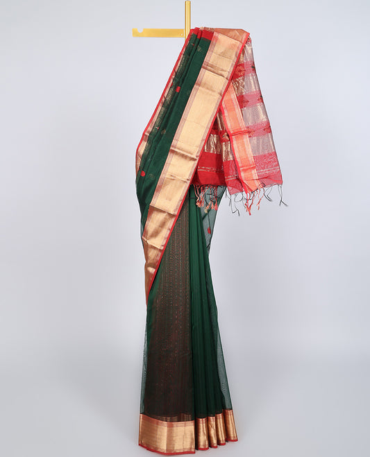 Green chanderi cotton saree with all-over buttas, zari border & pallu of zari designs