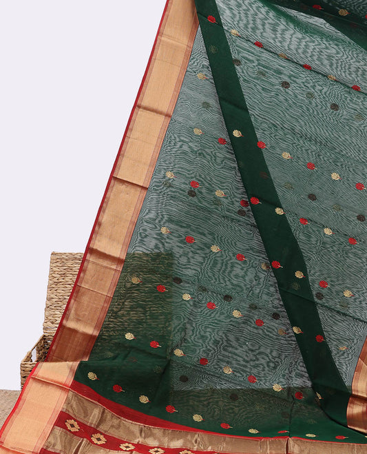 Green chanderi cotton saree with all-over buttas, zari border & pallu of zari designs