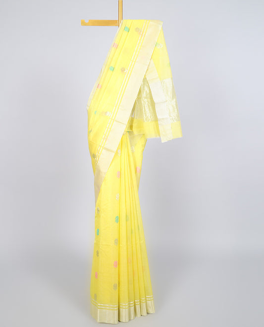 Yellow chanderi cotton saree with all-over buttas, zari border & pallu of stripes
