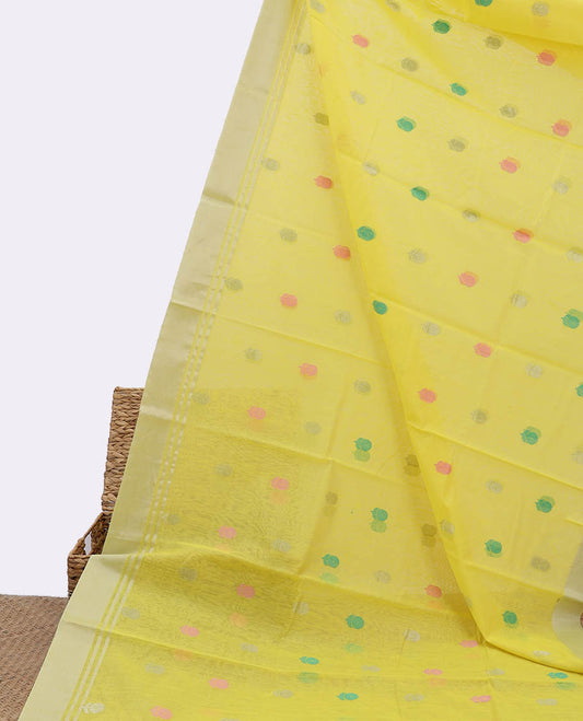 Yellow chanderi cotton saree with all-over buttas, zari border & pallu of stripes