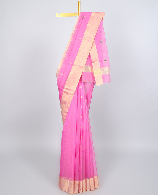 Pink chanderi cotton saree with all-over buttas, self-border & pallu of floral designs