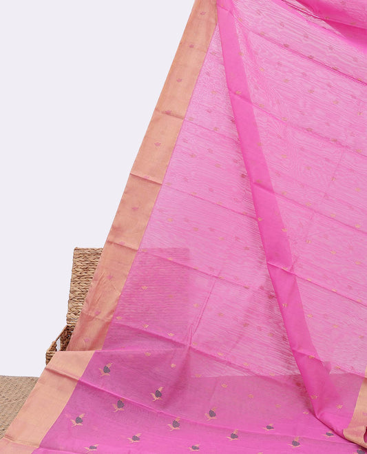 Pink chanderi cotton saree with all-over buttas, self-border & pallu of floral designs