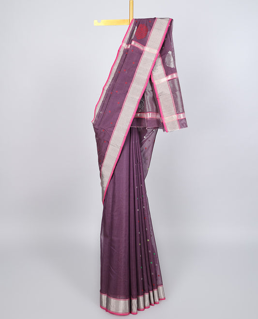 Purple chanderi cotton saree with all-over buttas, contrast border & pallu of stripes