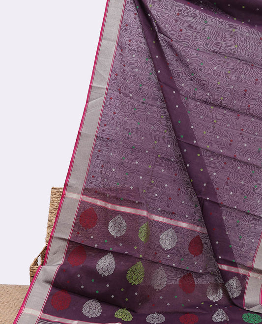 Purple chanderi cotton saree with all-over buttas, contrast border & pallu of stripes