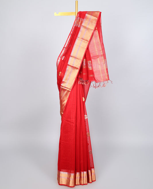 Red chanderi cotton saree with all-over buttas, zari border & pallu of zari designs