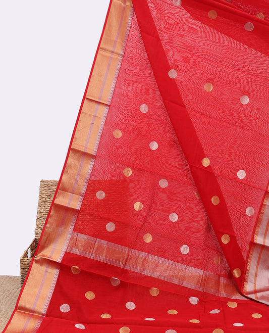 Red chanderi cotton saree with all-over buttas, zari border & pallu of zari designs
