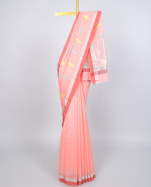 Peach chanderi cotton saree with all-over bird buttas, self-border & pallu of stripes