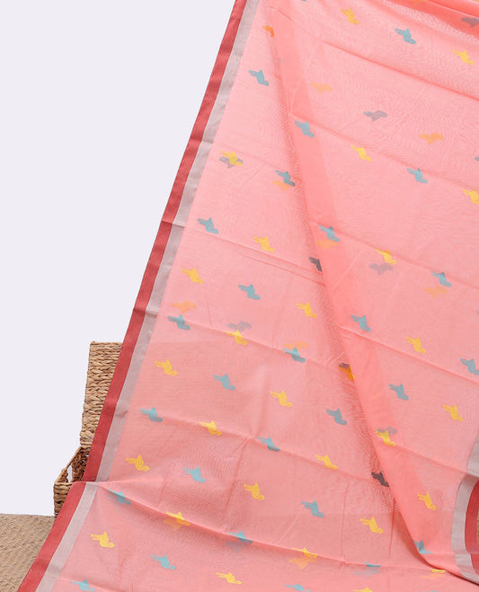 Peach chanderi cotton saree with all-over bird buttas, self-border & pallu of stripes