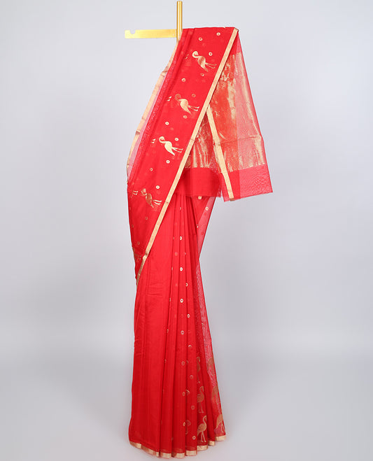 Red chanderi cotton saree with all-over buttas, self-border & pallu of zari stripes