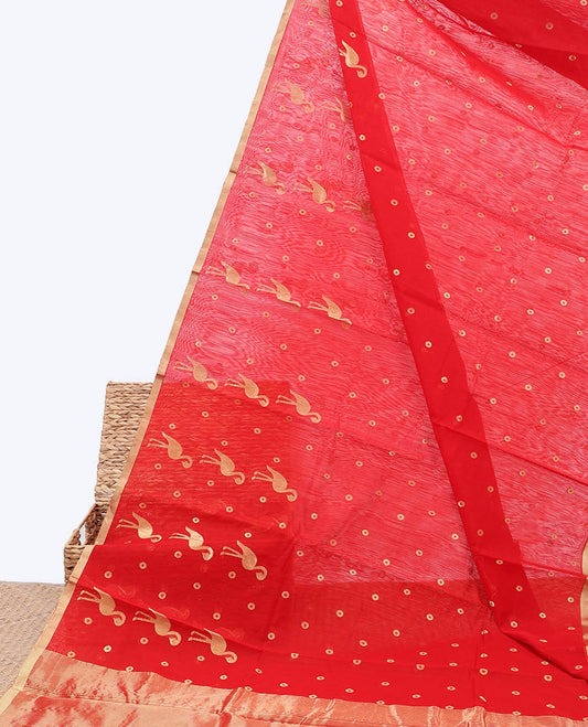 Red chanderi cotton saree with all-over buttas, self-border & pallu of zari stripes