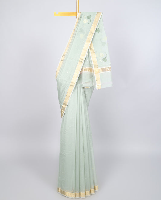 Green chanderi cotton saree with all-over buttas, zari border & pallu of buttas