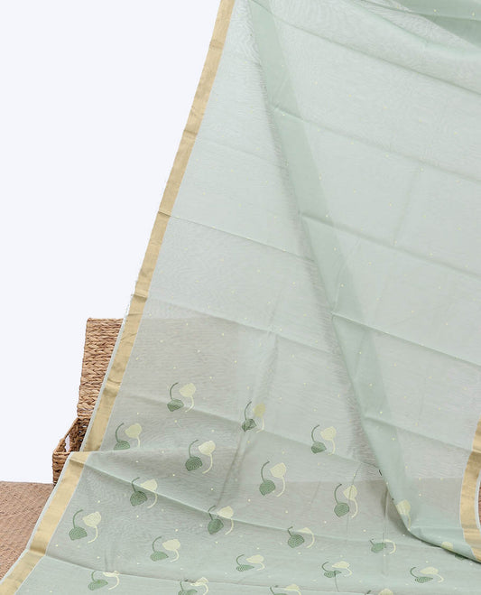 Green chanderi cotton saree with all-over buttas, zari border & pallu of buttas